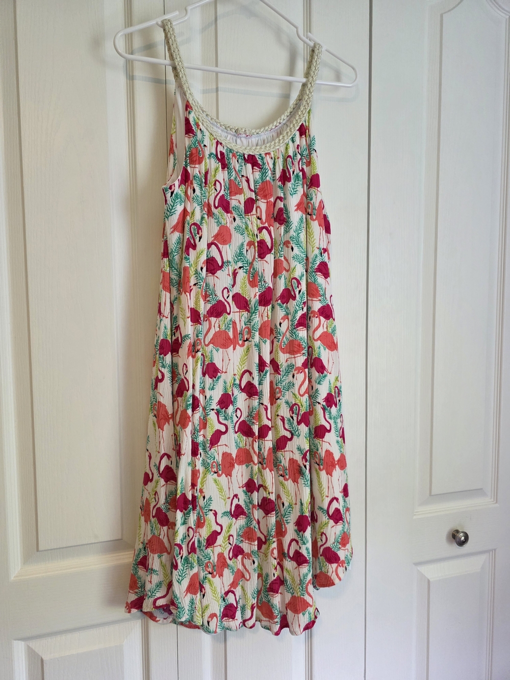 Nina Leonard White Sundress with Pink & Coral Flamingo Print